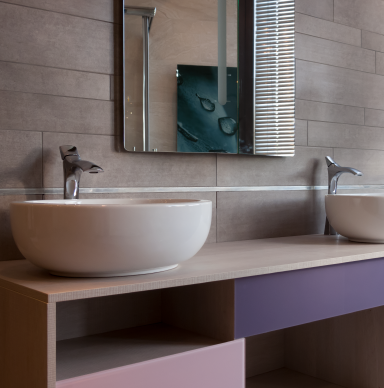 Colourful vanity unit with twin basins